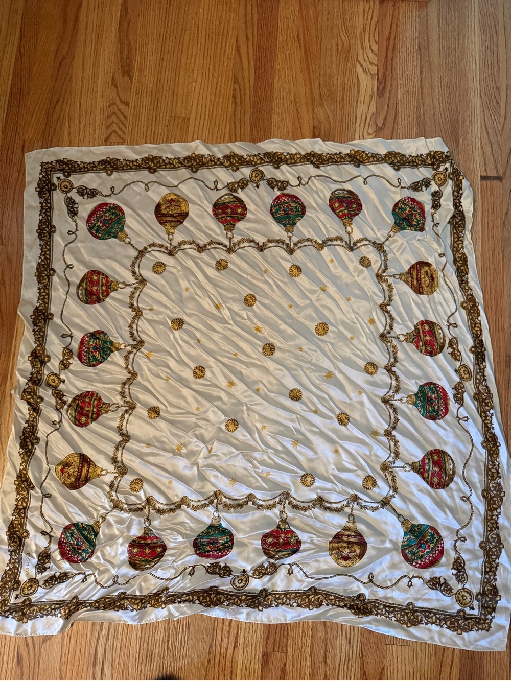 White Holiday Ornament Scarf with Gold Accents